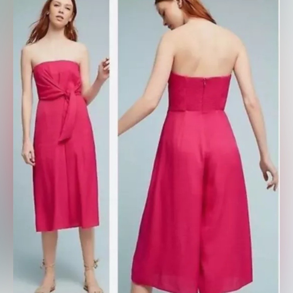 Anthropologie Galatea Strapless Tie Front Wide Leg Jumpsuit Fuchsia Pink Culotte